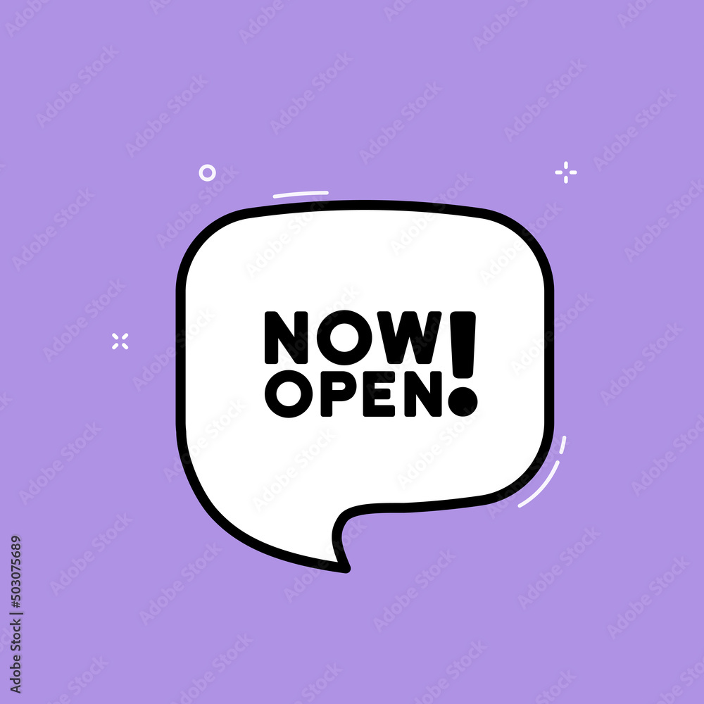 Poster speech bubble with now open text. boom retro comic style. pop art style. vector line icon for busine