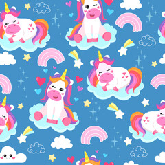 colorful seamless patterns with unicorns in cartoon style for kids. vector illustration