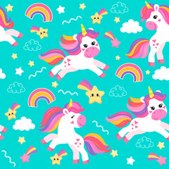 Naklejka na ściany i meble colorful seamless patterns with unicorns in cartoon style for kids. vector illustration