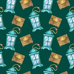 A pattern with wooden lanterns and wooden caskets. Seamless pattern with interior items. Hand drawn watercolor illustrations on a colored background. Design for textiles, wallpaper, wrapping paper.