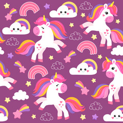 colorful seamless patterns with unicorns in cartoon style for kids. vector illustration