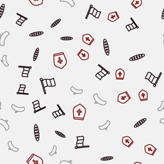Set line Flag Italy, French baguette bread, beret and Pope hat on seamless pattern. Vector