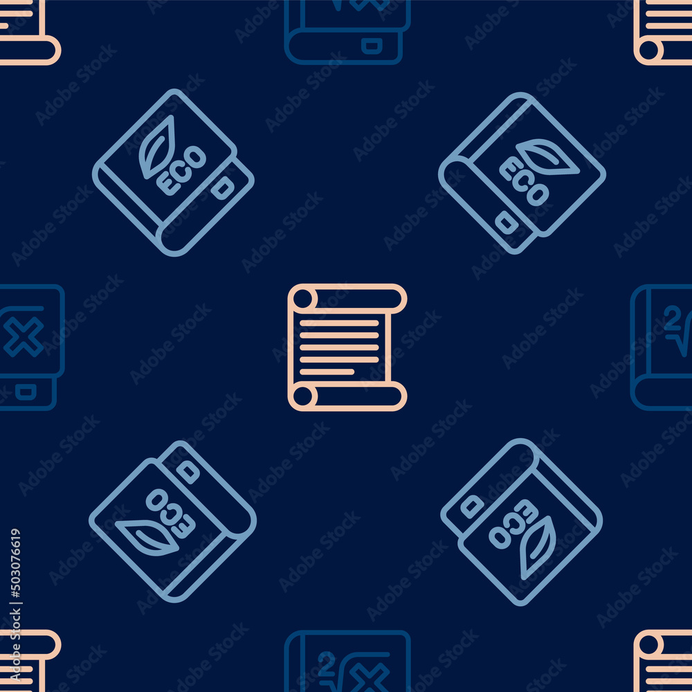 Poster set line book with mathematics, about ecology and decree, parchment, scroll on seamless pattern. vec