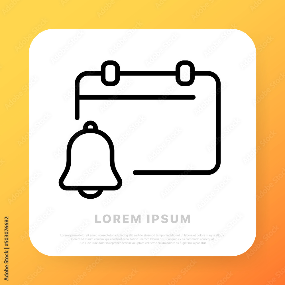 Poster calendar line icon. calendar with bell. date and time scheduling, reminder, alarm. date management c