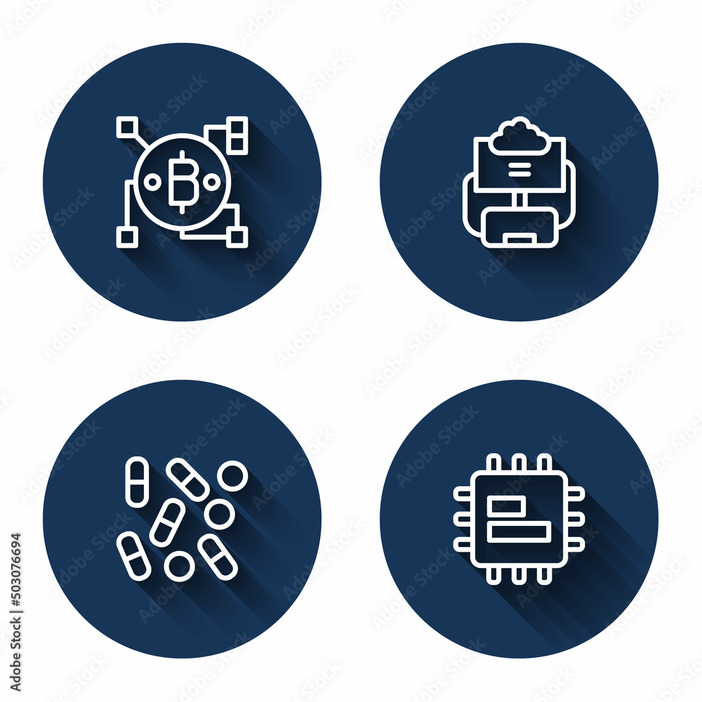 Poster Set line Blockchain technology Bitcoin, Cloud database, Medical pill biohacking and Processor CPU with long shadow. Blue circle button. Vector