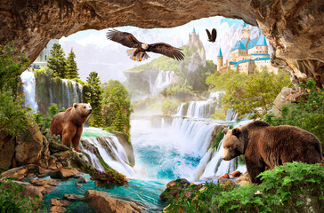 Photo wallpapers. Digital mural. Bears at the old castle with waterfalls.