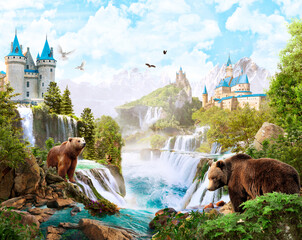 A wilderness landscape with ancient castles, waterfalls and bears. Photo wallpapers, Wallpaper on...