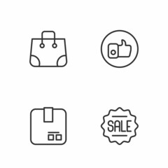 Set line Price tag with Sale, Carton cardboard box, Paper shopping bag and Hand like icon. Vector