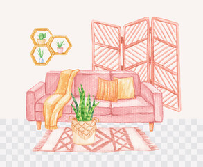 Watercolor hand drawn cozy home interior, vector illustration