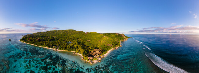 Anse Source d'Argent beach, La Digue Island, Seyshelles, Drone aerial view of La Digue Seychelles...