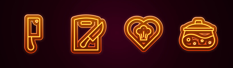 Set line Meat chopper, Cutting board and knife, Chef hat and Cooking pot. Glowing neon icon. Vector