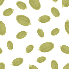 Pumpkin seeds background. Seamless pattern with peeled pumpkin kernels isolated on white. Vector flat food illustration.