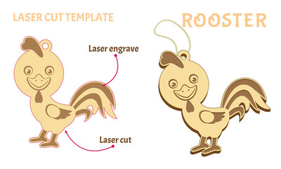 Rooster toy from plywood. Template for laser cut and engrave. Chinese New Year Zodiac sign. Vector illustration in a simple style isolated on white.