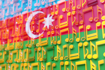 Musical notes lined up in even rows against the backdrop of the National Flag of Azerbaijan. The concept of the national anthem, music