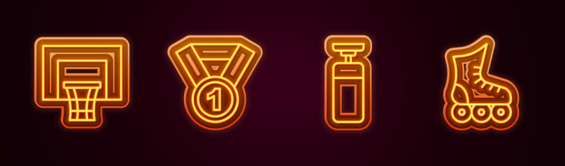 Set line Basketball backboard, Medal, Punching bag and Roller skate. Glowing neon icon. Vector