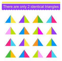 Educational game for kids. Need to find two identical triangles. Visual intelligence. Vector illustration