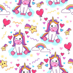 colorful seamless patterns with unicorns in cartoon style for kids. vector illustration