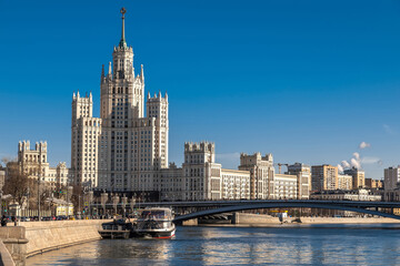Fototapeta na wymiar Stalin's high-rise on Kotelnicheskaya embankment embankment in the center of Moscow