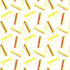 三角形のサンドイッチのシームレスパターン　手描き水彩イラストの食べ物柄テキスタイル