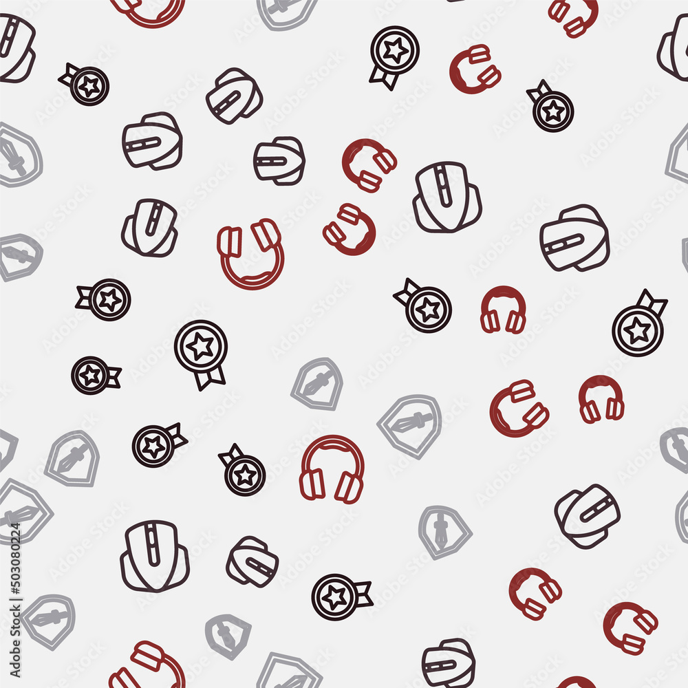 Poster set line game rating with medal, computer mouse, sword for game and headphones on seamless pattern. 