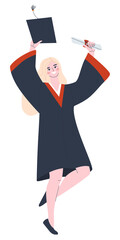 Happy university graduate. The girl in the dress is jumping for happiness. Flat vector illustration. Eps10