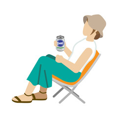 Woman sitting down on the folding chair and holding beer can - Summer fashion