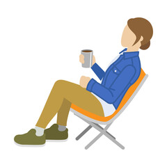 Woman sitting down on the folding chair and holding a tumblr - Spring or autumn fashion