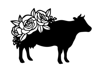 cow with flowers, black clip art