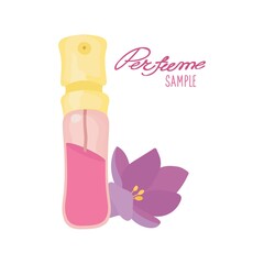 A sample of perfumes, a gift bonus of a cosmetics store. A hand-drawn perfume bottle logo. Vector isolated colorful element.