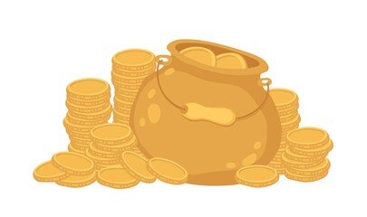 Coins, stacks of coins. Gold reserve, a pot of coins. Isolated vector colorful element. 
