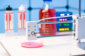 Research 3D bioprinter   for  3D print cells onto an petri dish. Biomaterials engineering concepts....