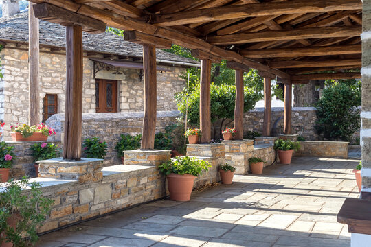 The inner courtyard of the Christian temple of Zoodochos Pigi in Vizitsa village (South Pelion, Prefecture of Magnesia, Greece)