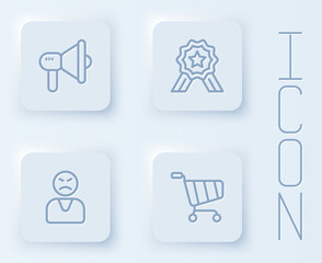 Set line Megaphone, Stars rating, Angry customer and Shopping cart. White square button. Vector