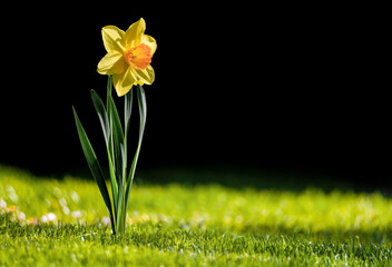 Spring narcissus flower on green grass with dark background and illuminated by side light.