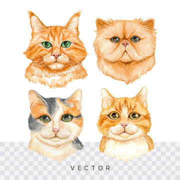 Hand painted watercolor cat portrait set