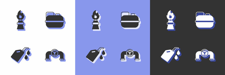 Set Oil pipe with valve, rig fire, Canister for motor machine oil and gasoline icon. Vector