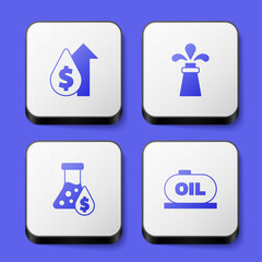 Set Oil price increase, rig, petrol test tube and tank storage icon. White square button. Vector