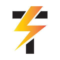 Power logo. T  letter and lightning on the dark background.  monogram. Power and energy technology.