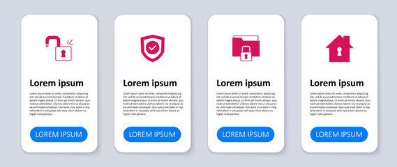 Set House under protection, Folder and lock, Shield with check mark and Open padlock. Business infographic template. Vector