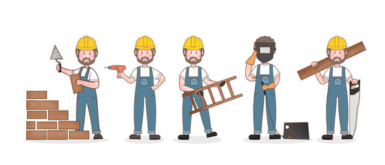Naklejka premium Builders and construction industry character set, home masters and repairman working in helmets and workwear standing with tools