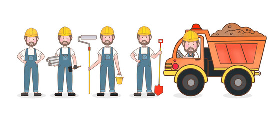 Builders and construction industry character set, home masters and repairman working in helmets and workwear standing with tools