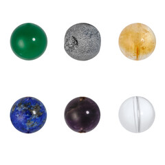 Round natural beads from semi-precious stones for advertising and design close-up on a white background