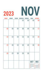November. Planner 2023 year. English vector vertical template. Week starts on Sunday