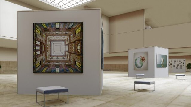 The concept of modern art museum. NFT Museum. NFT Crypto Art. Exhibition of digital art. Concept of traditional art into digital. NFT with digital technology. 4K 3d animation