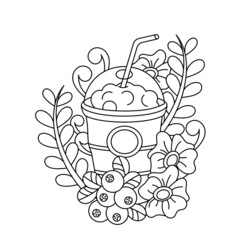 Plastic glass with milkshake or Milk iced tea. Coloring book page.
