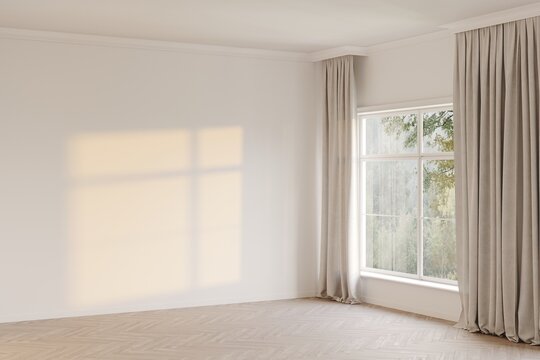 Empty room with wood parquet and a large window overlooking the garden, interior background and 3d render, light and shadow on the white wall	