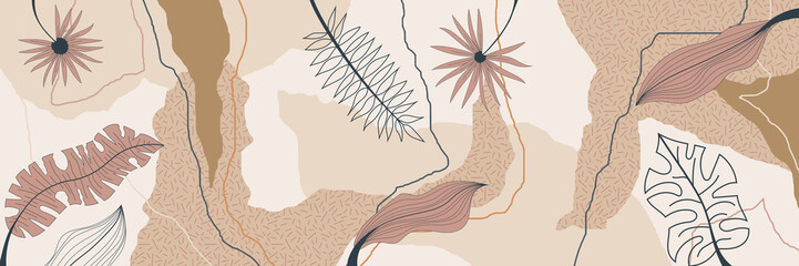 Vector banner, abstract shapes and tropical leaves, floral background