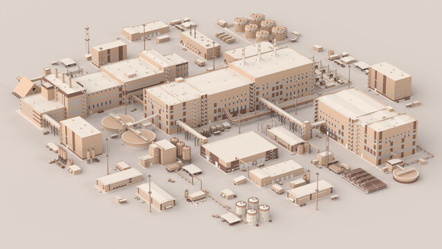 Factory miniature. Isometric industrial buildings, equipment, pipes, tanks. City map elements. Small manufactured buildings in pastel colors. Metallurgical plant. Quiet, soft palette. 3d illustration