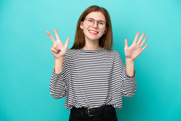 Young English woman isolated on blue background counting eight with fingers