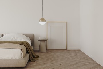 3d render of a minimalistic classic style bedroom, decor on the floor, wooden parquet, coffe table and lamp. Mockup frame
